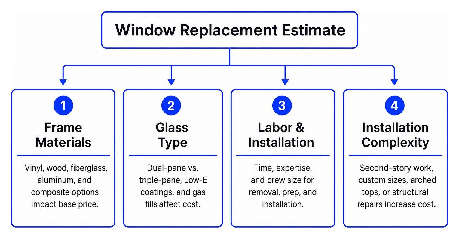 Diagram illustrating the core factors influencing window replacement estimates including frame materials glass type and labor